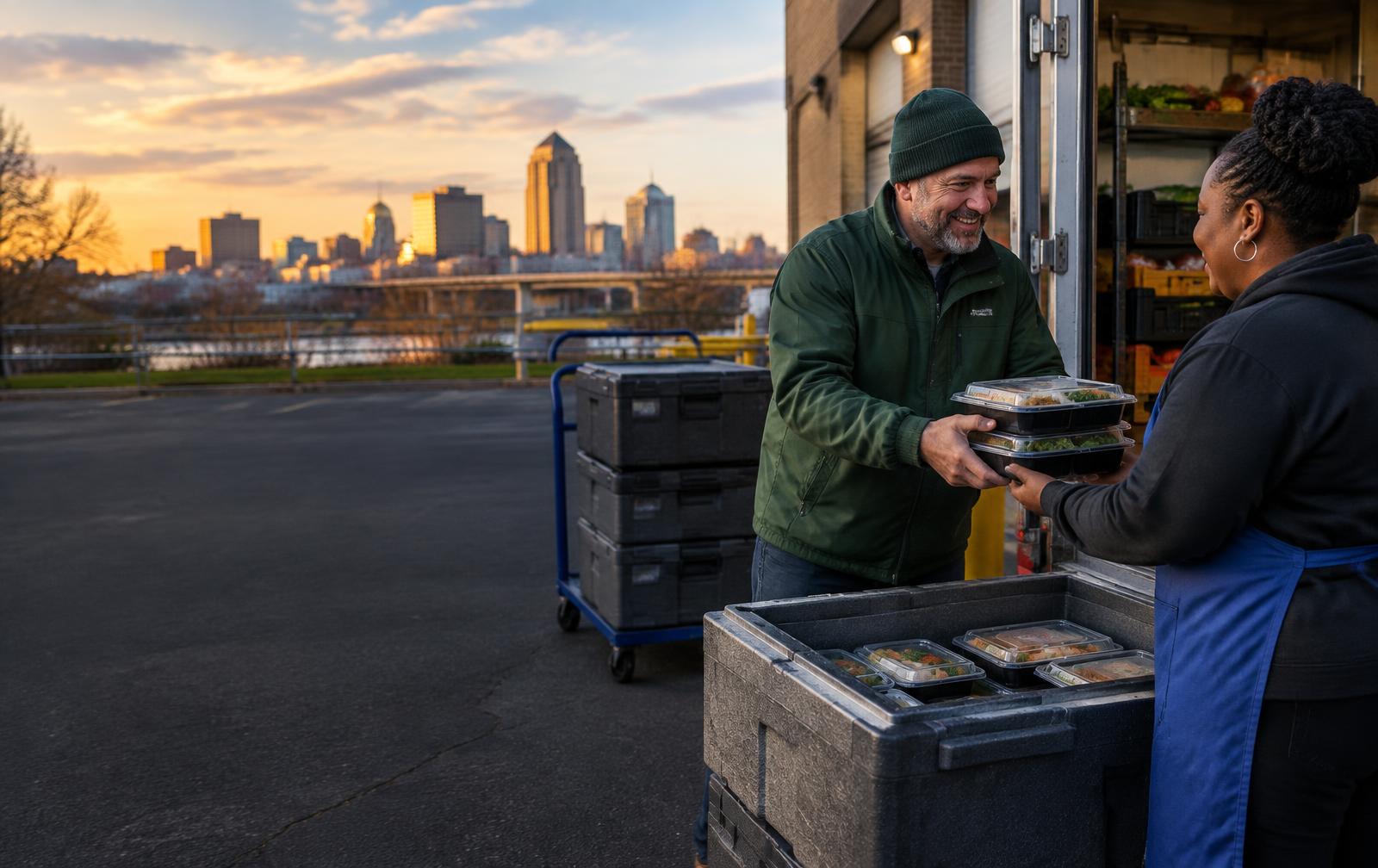 A volunteer handing prepared meals to a nonprofit pantry worker